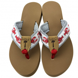 Lazy Lobster on Lt. Blue Seersucker with red toe and tan eb pnut